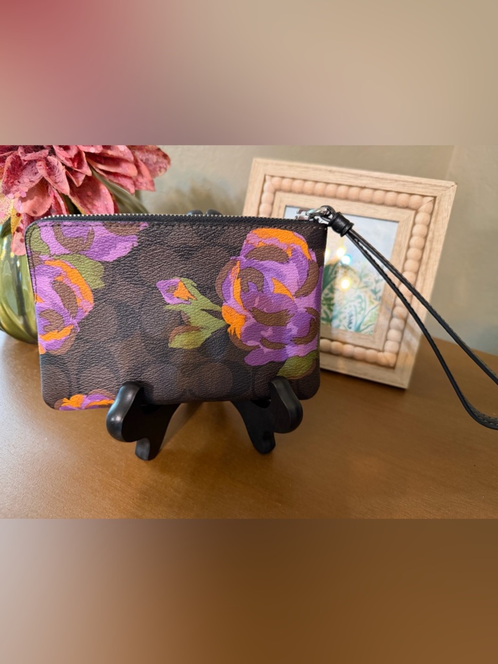 Coach Beautiful Brown Signature Wristlet with Purple & Green Floral Print - Picture 2 of 6